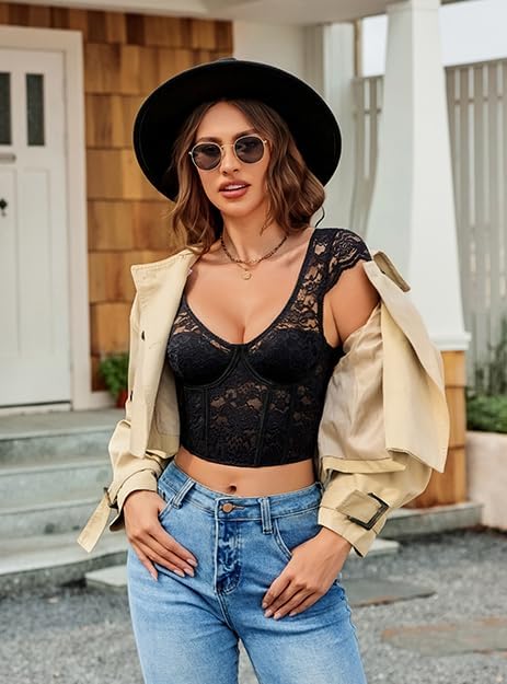 Avidlove Corset Tops for Women Floral Lace Bustier Cap Sleeve Crop Top Sexy V Neck Going Out Outfit with Buckle - Image 3