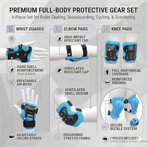 Image of JERN 7 Pieces Kids Children Roller Skating Bicycle Cycling Scooter Helmet Knee Elbow Pad Wrist Guard Set (Blue)