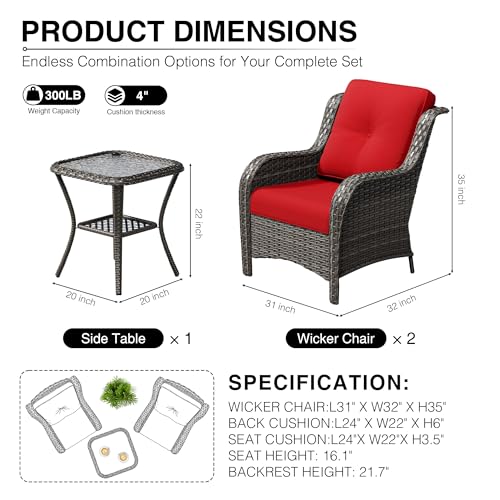 Image of Joyside 3 Piece Wicker Patio Furniture Set, Rattan Patio Chairs with High Back, Deep Seating, Wide Armrest, Thickened Cushions, Outdoor Furniture for Deck, Porch Use