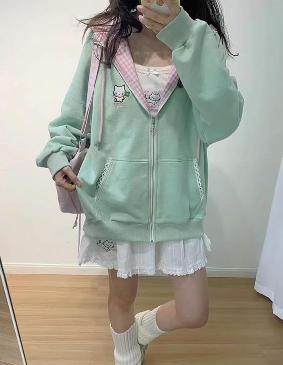 Women's Y2K Zip-Up Hoodie Oversized Streetwear Cat Ear Cute Cartoon Graphic Harajuku Kawaii Sweatshirt - Image 2