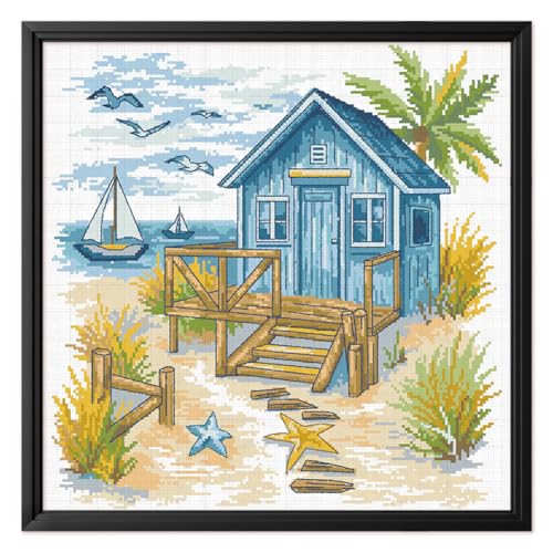 Image of FREEBLOSS 11CT Cross Stitch Kit Stamped Cross Stitch Craft Kit with Stitching Guide for Beginners Beach House Embroidery Set Crossstitch Wall Hanging Set 17.7x17.7inch