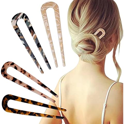 FRDTLUTHW 4.3Inch U Shaped Hair Fork Acetate Tortoiseshell French Hair Pin Colored 2 Prong Bun Hair Sticks for Women(pack of 4) Cover