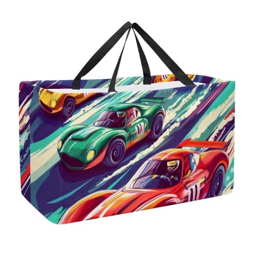 Bolsa de la compra reutilizable, bolsa de la compra plegable, bolsa de la compra lavable en posición vertical para picnic y camping, coches de carreras coloridos en la pista, Multicolor 01,