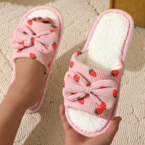 Premium Comfort Cute Bow Strawberry Women's Fuzzy House Slippers Indoor Soft Warm Kawaii Shoes Memory Foam Sole4