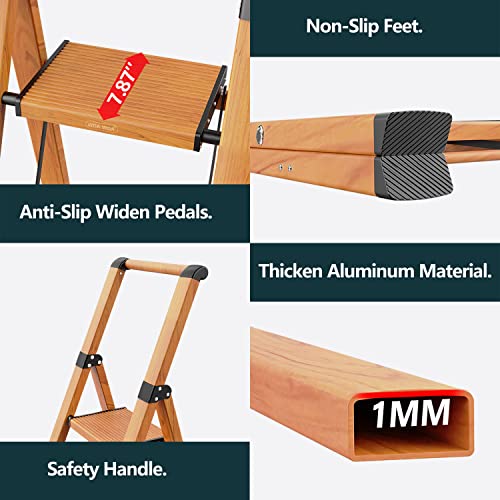 Woa Woa 5 Step Ladder, Portable Lightweight Stepladder With Anti-Slip Wide Pedal, Foldable Aluminum Ladder, Tall Step Stool With Handgrip For Library Office Home 330Lbs - Wood Grain #TOP5