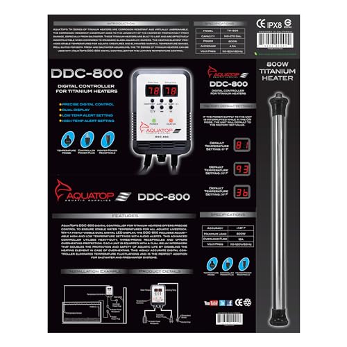 Image of Aquatop 800W Titanium Aquarium Heater with in Line Controller - Submersible, for Fish Tanks Up to 270 Gallons, Adjustable 68-92F, Durable for Large Fish & Turtles