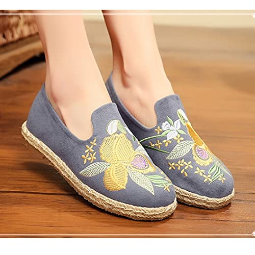 Women's Embroidered National Wind Cloth Shoes Hand-Made Strew Hemp Sole Flats Flowers Casual Shoes (Color : Gray Size : Code 36) (Grey Code 37)2