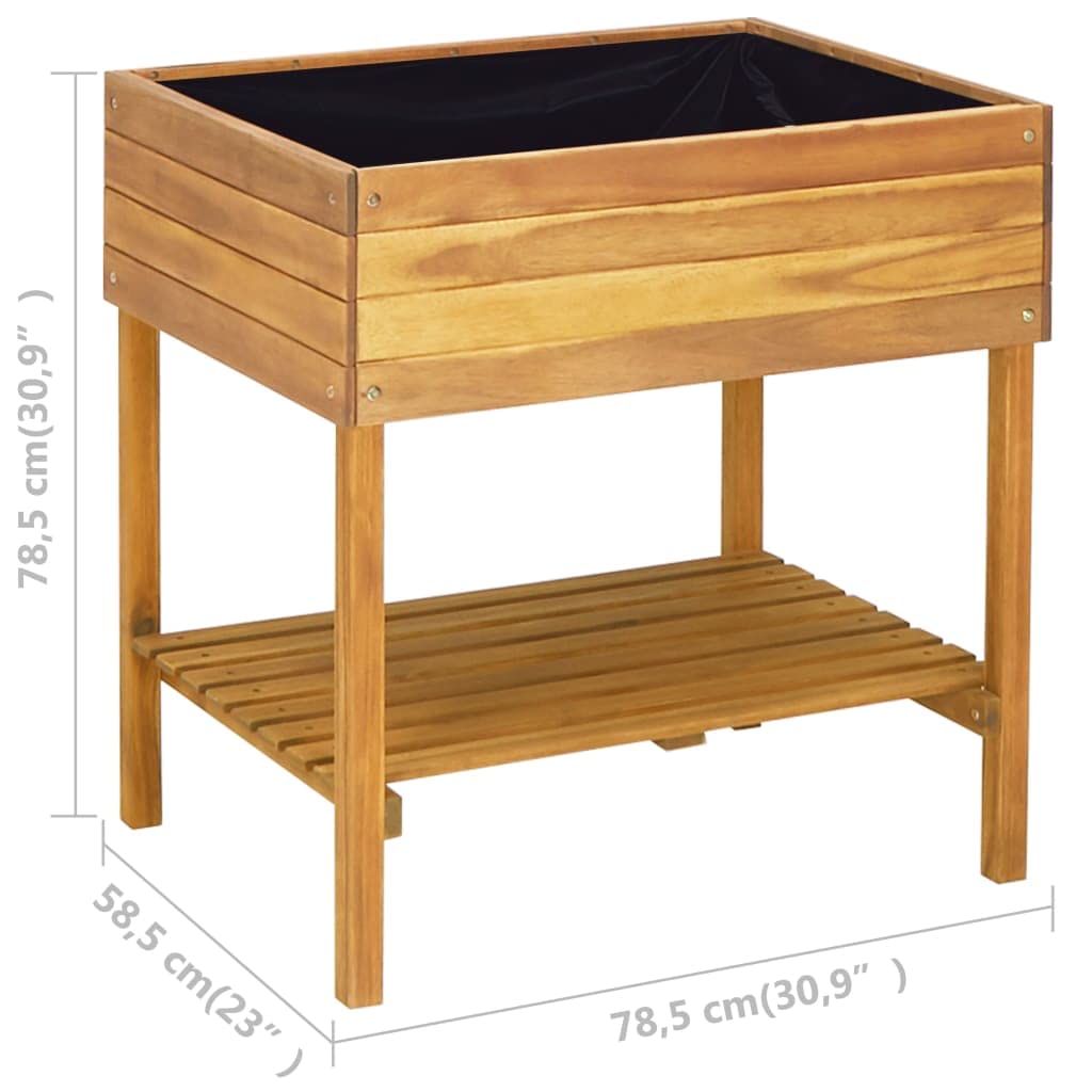 Wysoka donica z litego drewna akacjowego, 78,5 x 58,5 x 78,5 cm, z folią PCW i półką, do ogrodu, na taras, balkon, donica na kwiaty, zioła, warzywa, do użytku wewnątrz i na zewnątrz