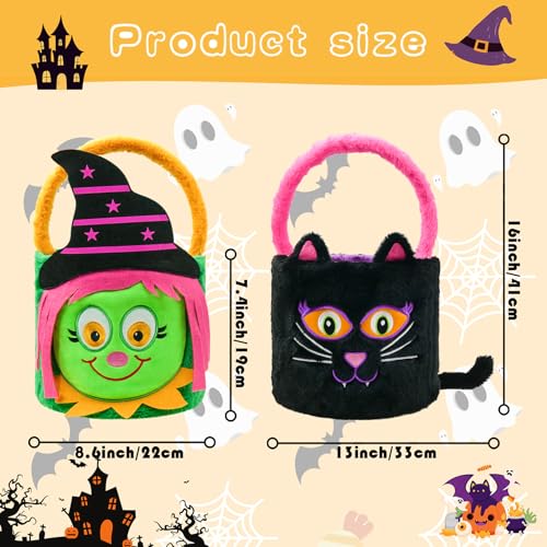 Image of Dia 7.9 inch * H 15.7 inch, Plush Halloween Baskets Trick or Treat Bags Halloween Candy Bucket, Gift Bucket for Party Favor Supplies (2Pcs-Witch&Black Cat)