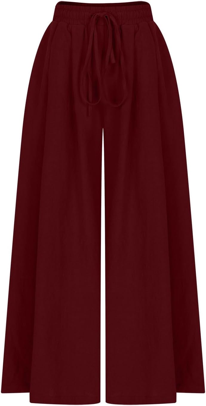 Cotton Linen Palazzo Pants for Women Drawstring Waist Wide Leg Loose Trousers Lightweight Summer Pants with Pockets