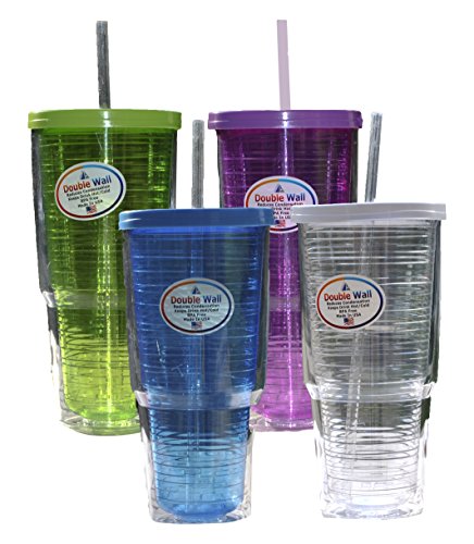 Arrow Home Products 00015 Double Wall Drink Tumbler with Clear Straw and Lid, Single Assorted Cup, Pack of 1, 24 oz