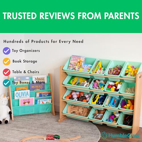 Image of Humble Crew Kids Bookshelf, 4-Tier Front-Facing Book Display Organizer, Montessori Toddler Bookcase for Playroom, Bedroom & Reading Corner, Natural Wood /Seafoam Green