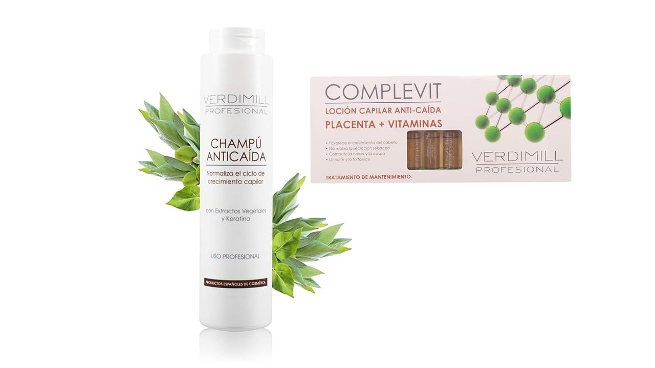 Verdimill Profesional. Pack de 12 ampollas anticaida de cabello de 10ml. Placenta y vitaminas, tratamiento de mantenimiento + champu anticaida 400ml normaliza el ciclo del crecimiento capilar