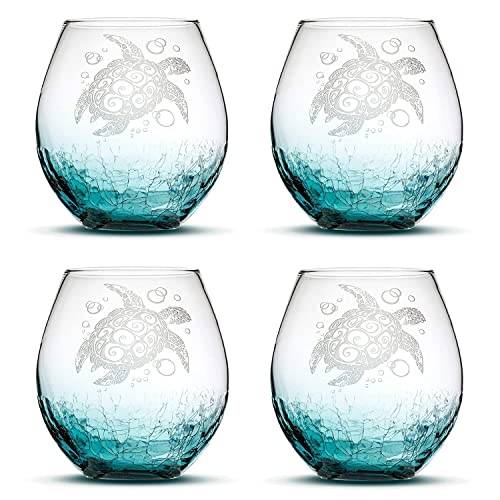 Integrity Bottles Tribal Sea Turtle Design, (Set of 4) Stemless Wine Glass, Handmade, Handblown, Hand Etched Gifts, Sand Carved, 18oz (Crackle Teal)
