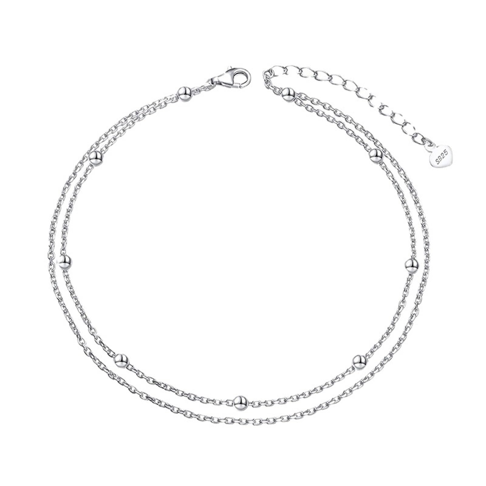 Fußkette Damen Silber 925, Fusskette Doppelt Layering Kette mit Perle Sommer Barfuß Strand Fußkettchen