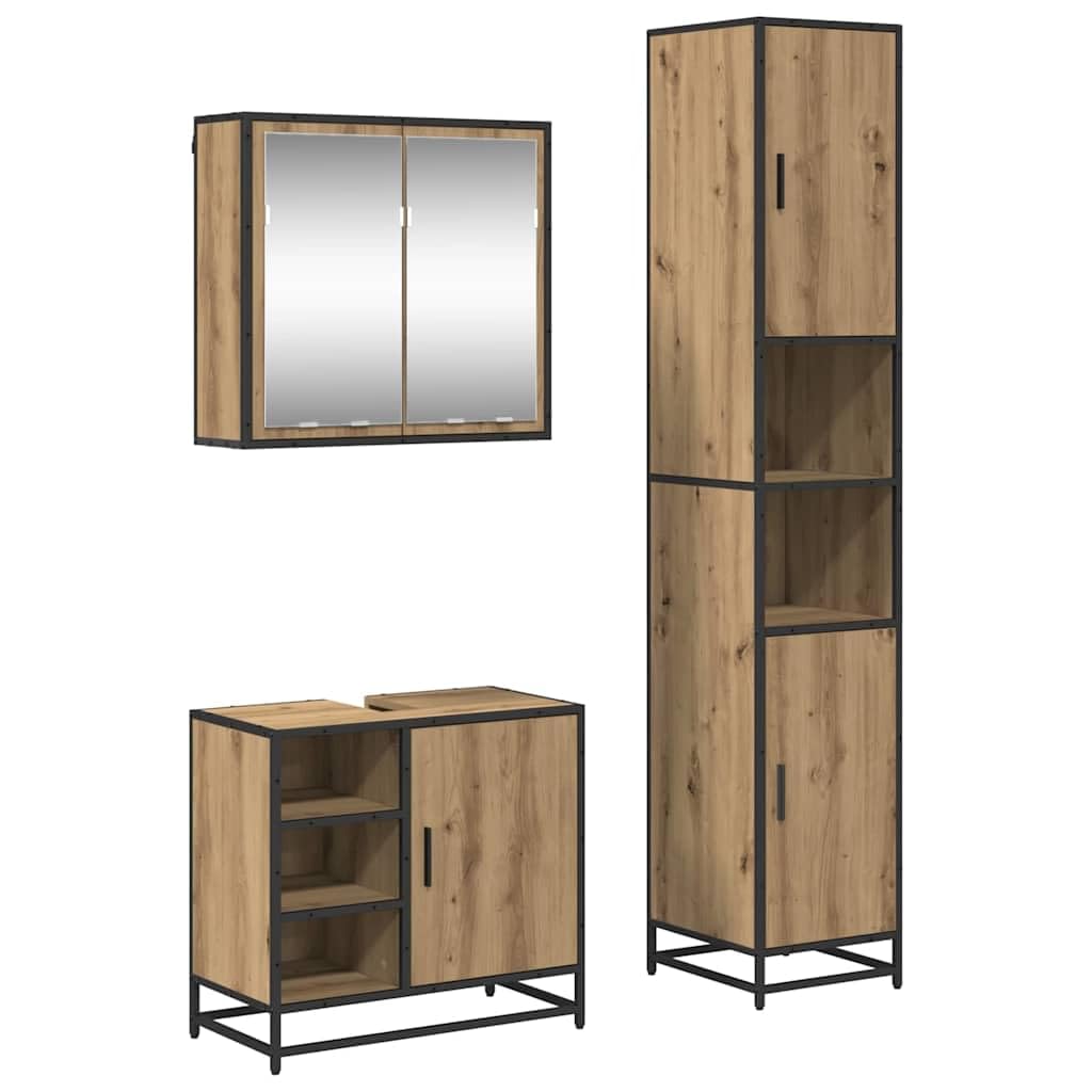 Muebles de baño de diseño marrón roble artesanal con estante y tres piezas funcionales