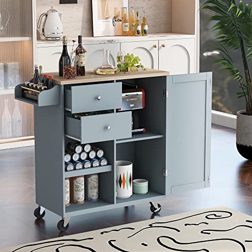 Olela Kitchen Island Cart On Wheels,Rolling Mobile Kitchen Table With Storage Cabinets And Towel Rack,Adjustable Shelves With Wine Rack And Rubber Wood Countertop(Grey Blue-Wine Shelf) #TOP10