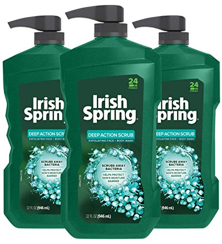 Irish Spring Deep Action Scrub Men's Face & Body Wash, Exfoliating Body Wash Scrubs Away Bacteria - 32 fluid ounce. Pump (3 Pack)
