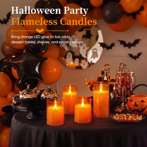 Image of Homemory Halloween Orange Flameless Candles, Acrylic, Remote Timer, 3 Pack | Flameless LED pillar candles, battery operated candles, D3 inchxH4 inch /5 inch /6 inch, remote timer, Halloween, fall decor, Thanksgiving