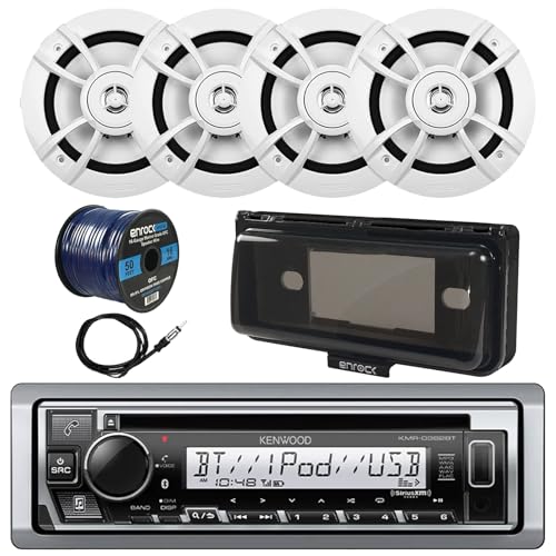 Single DIN in-Dash Marine USB Bluetooth CD Player Receiver Bundle with Waterproof Radio Cover, 4X 100W 6.5