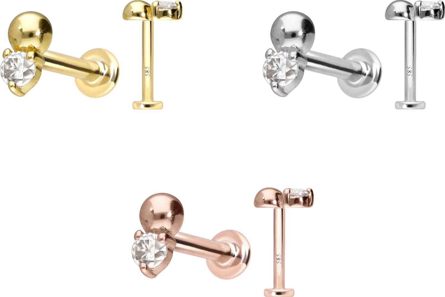 PIERCINGLINE 14 Karat Gold Labret Ohr-Piercing mit Push Fit MOISSANIT+ KUGEL Farb & Größenauswahl