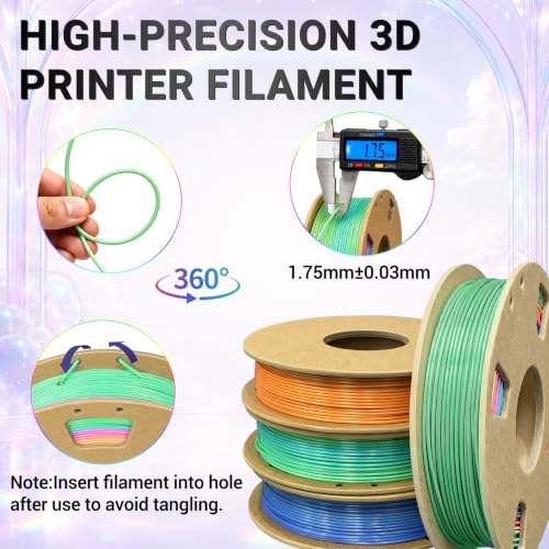 Image of Silk PLA+ 3D Printer Filament Bundle, Shiny Tricolor PLA+ Filament 1.75mm Pack, Shiny Rainbow Multi Color Change, Smooth Multicolor PLA+ Filament for Most 3D Printers - 4 Spools 250g Each