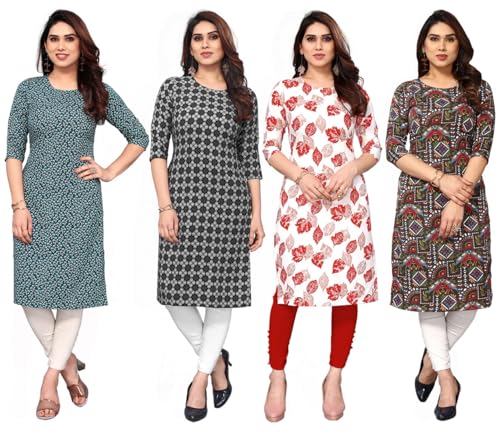 Image of JAKHANA Women's Crepe Printed Casual Straight Calf Length Round Nick Kurta Pack of 4