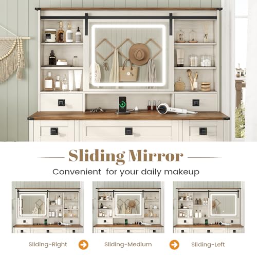Image of AOGLLATI Farmhouse Makeup Vanity Desk with Lights & Charging Station,Vanity Desk with Mirror and Lights, 47.2 inch Large Brown Vanity Table with Ample Storage Space and Sliding Mirror (Antique White)