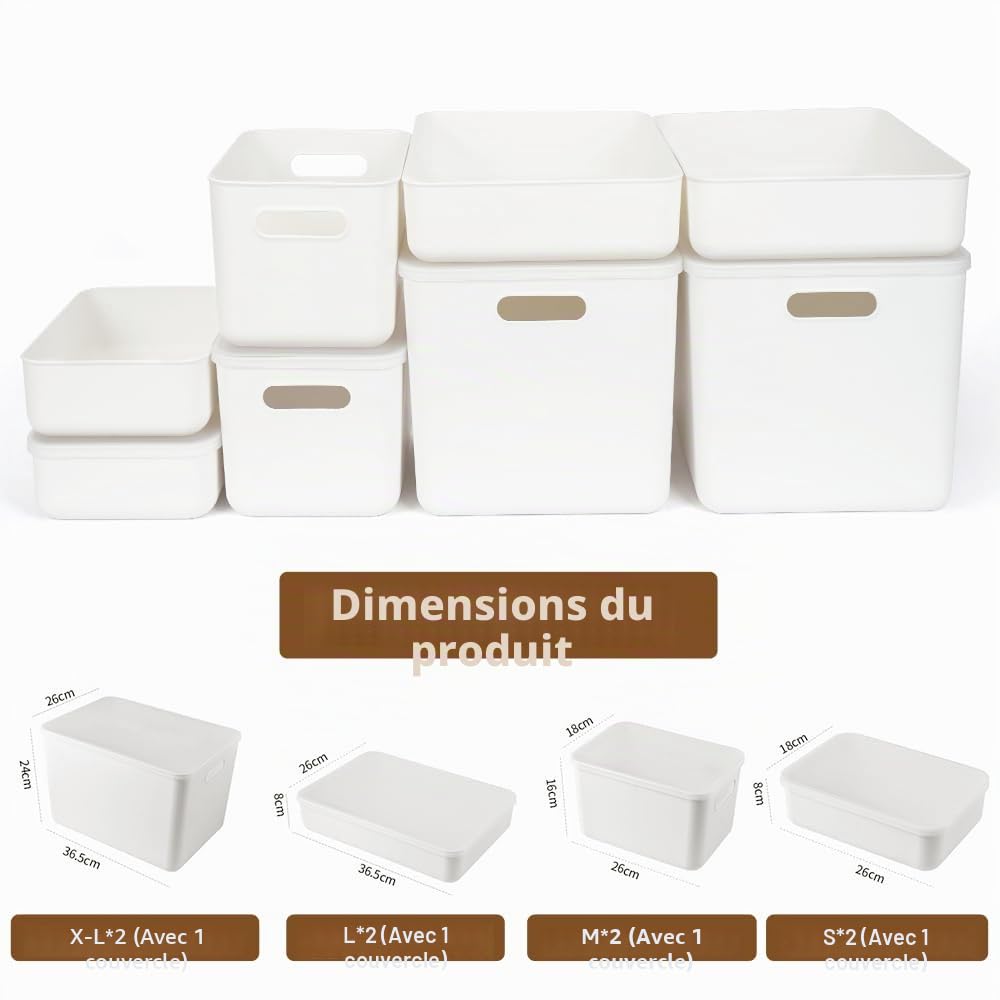 Lot de 8 boîtes de rangement avec 4 couvercles, panier rangement plastique | rangement avec poignées, boîtes de rangement multifonctionnelles pour cuisine, bureau, placard, salle de bain, jouets