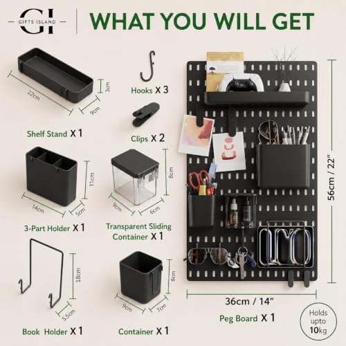Image of Gifts Island Pegboard Wall Organiser Set with 1 Boards, 10 Accessories & Self-Adhesive Stickers, Customisable Storage System for Office, Kitchen, Pegboard Wall Hanging (10, Black)