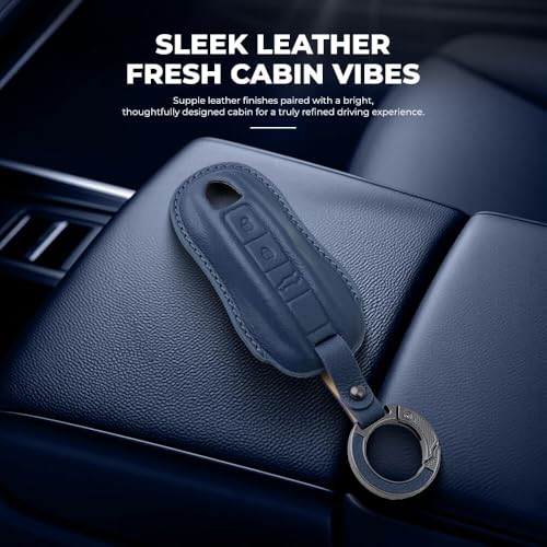 Image of Keyzone Premium Leather Key Cover & AC Vent Car Perfume Combo (4 Fragrances) | Compatible for Porsche Taycan, Cayenne, Panamera, 911, Carrera 3 Button Smart Key (Blue)