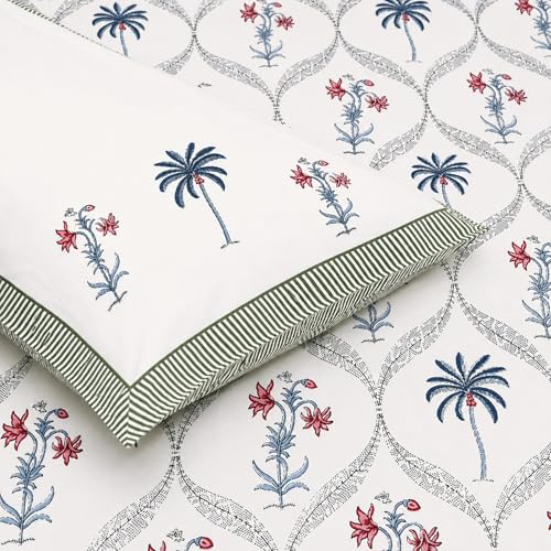 Image of DE CAMA Since 1997 | 100% Cotton 300 TC Premium King Size Bedsheet for Double Bed (90 x 108 Inch) with 2 Pillow Covers Set (17 x 27 Inch) Designer Printed Bedsheet Set - Magestic,White