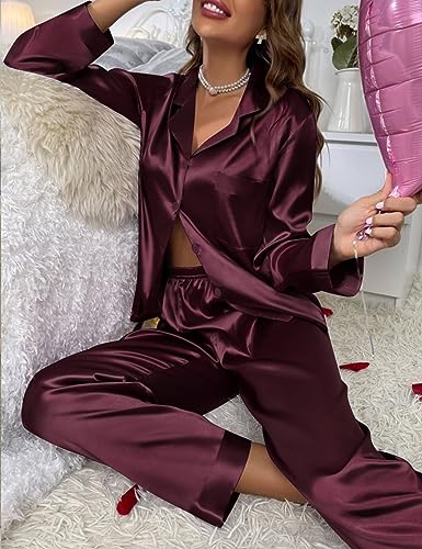 Image of SWOMOG Long Sleeve Pajamas Set Silk Satin Sleepwear Button Down Pjs Loungewear with Pocket