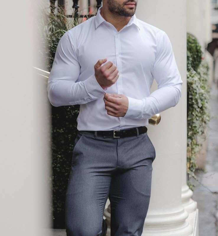 Dress Shirts for Men Stretch Slim Fit Long Sleeve Mens Dress Shirts Casual Business Muscle Fit Button Down Shirts - Image 3