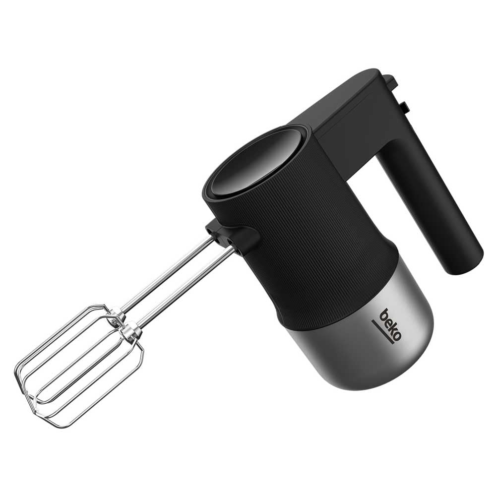 BEKO, Batteur, Puissance : 500 W, 4 vitesses + Turbo, Fouets + crochets en acier inoxydable résistants au LV, Bouton d’éjection, Poignée ergonoique, Noir et Inox