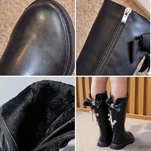 Autumn Girls Horse Riding Boots(27-37), Round Toe Riding Boots, with Bowtie, Side Zipper + Breathable, Comfortable Interior + Knee High, for Winter(Little Kid),31,Black2