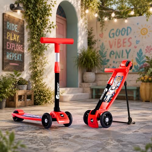 Image of Konex Kick Scooter for Kids (2+ Years) | 3 Broad Rubber Wheels for Smooth Ride | 4-Level Height Adjustable Handle | Foldable & Portable with Back Brake | Holds Up to 40 kg (Red-Black)