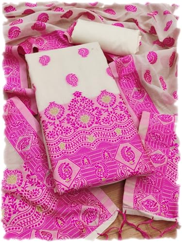 Image of Handloom Banarasi Cotton Unstitched Salwar Suit with Dupatta, 50 Inch Length, Women's Unstitched Salwar Suit Dress Material with Dupatta, Unstitched Salwar Suit Set