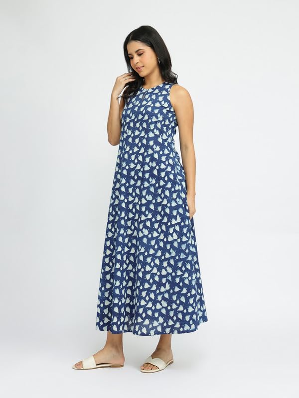 Image of Pink Fort Women Casual Dress | Cotton Fit & Flare Sleeveless Round Neck Midi | Breathable Fabric with Pockets for Summer
