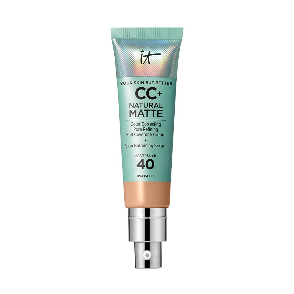 IT Cosmetics Full Coverage Foundation, Natural Matte, Made with Hyaluronic Acid, SPF 40 Protection, Your Skin But Better CC+, Shade: Neutral Medium, 32ml