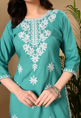 Image of LIBOZA Women's Chikankari Embroidered Short Kurti, Rayon Fabric, Three-Quarter Sleeves, Available in Pink, Black, Mustard Yellow, White, Pista and Green