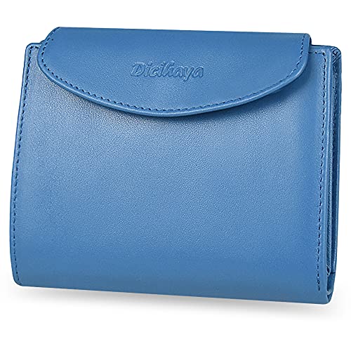 Womens Wallet Genuine Leather Compact Tri-Fold Purse Credit Card Holder with ID Window (Blue)