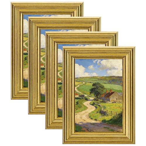 Image of eletecpro 4x6 Gold Picture Frames Set of 4, Vintage Photo Frames with Clear Acrylic Cover, Gallery Wall Art Display 4x6 Photo for Tabletop and Wall Mount, Home Decor