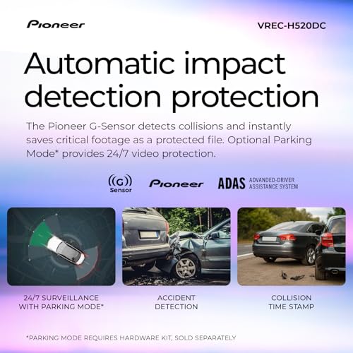 Image of Pioneer VREC-H520DC Dual Dash Cam Front and Rear Car Camera - Large Screen, 2K Resolution, Starvis Night Vision, 140 Degree Wide Lens, ADAS Safety Alerts, Built In GPS, Impact Detection, 24 /7 Coverage