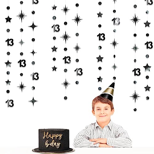 Image of Black 13th Birthday Decorations Number 13 Circle Dot Twinkle Star Garland Metallic Hanging Streamer Bunting Banner Backdrop for Girls 13 Year Old Birthday Thirteen Official Teenager Party Supplies