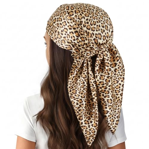Women's Square Silk Like Head-Scarf - 25” Leopard Print Satin-Headscarf Retro-Boho Feeling Hair Scarf Bandana for Women