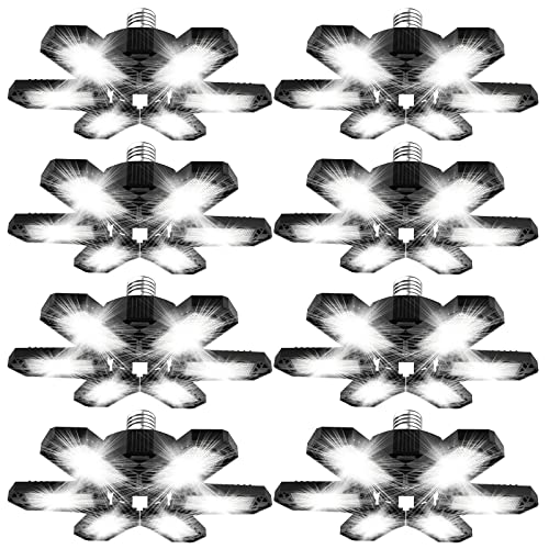 LED Garage Lights 120W 8 Pack Deformable 6 Panels for Ceiling, Shop, Attic, Basement, Workshop - Screw in E26 E27 Base