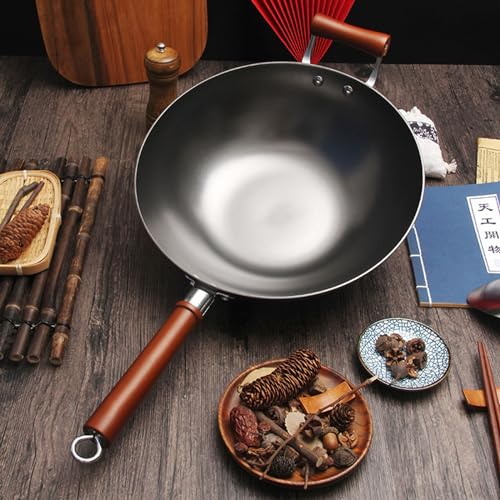 Wok de hierro fundido sin recubrimiento con tapa de madera 30 cm miniatura 4