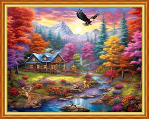 Image of Dimensean Stamped Cross Stitch Kits Full Range of Embroidery Patterns Starter Kits for Beginners Adult DIY Cross Stitches Needlepoint Kits 11CT-Dream Home 16x20 inch