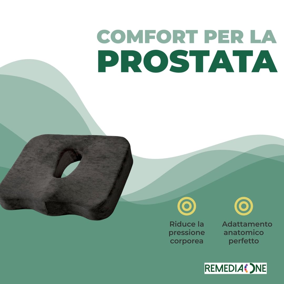 Cojín anatómico para prostatitis de espuma viscoelástica con orificio | Soporte anatómico desenfundable para silla de oficina y coche, dimensiones 42 x 36 x 8,5 cm